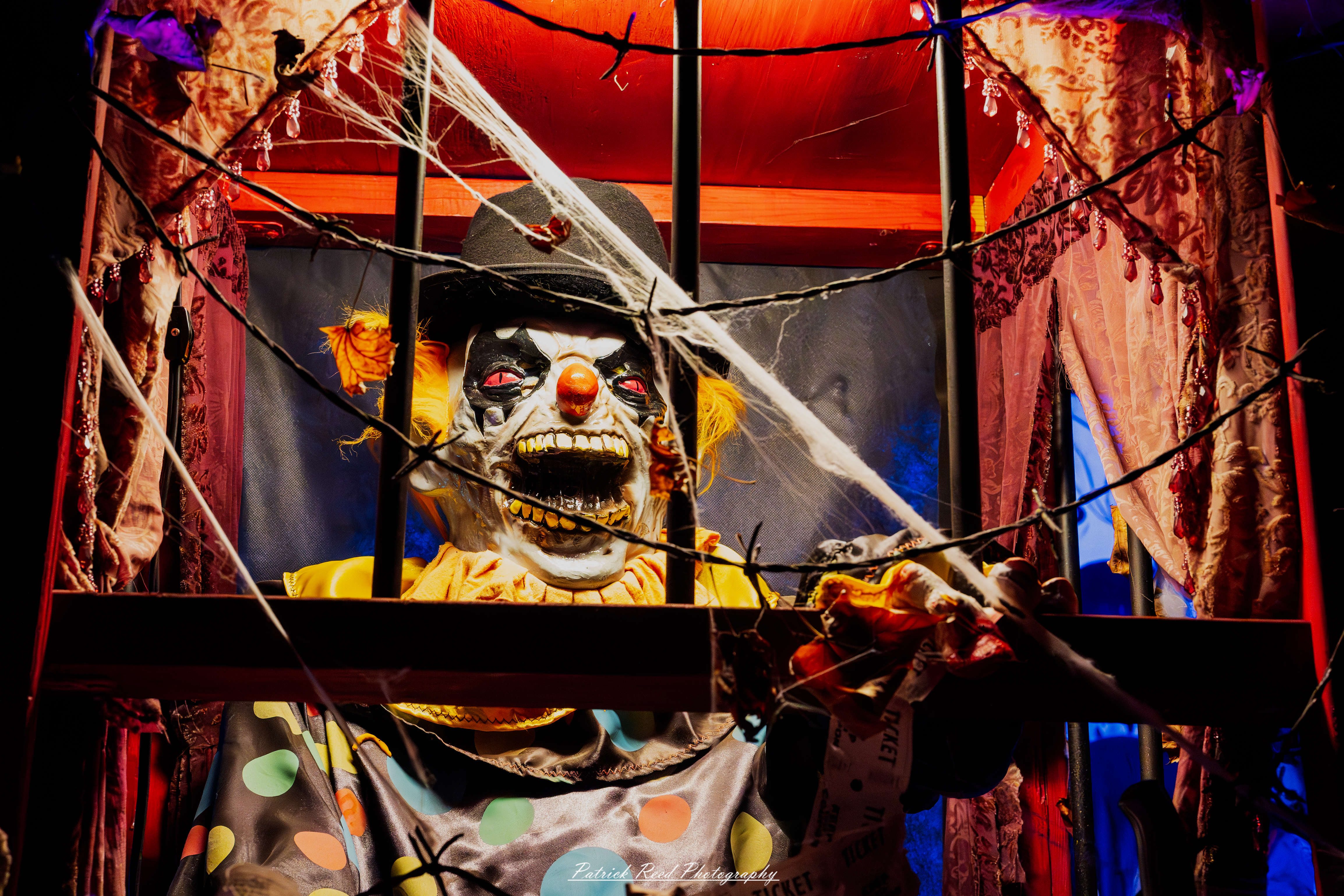 A haunting scene of a skeleton dressed as a clown trapped inside a rusty, old cage. The skeleton wears a tattered clown costume with faded colors and a frayed ruffled collar, and a cracked, sinister clown mask partially covers its skull. Its bony hands grip the cage bars as if attempting to escape. Shadows play across the scene, highlighting the eerie emptiness in its eye sockets. The entire setup gives off a creepy, circus-from-hell vibe, adding an extra layer of horror to the atmosphere.